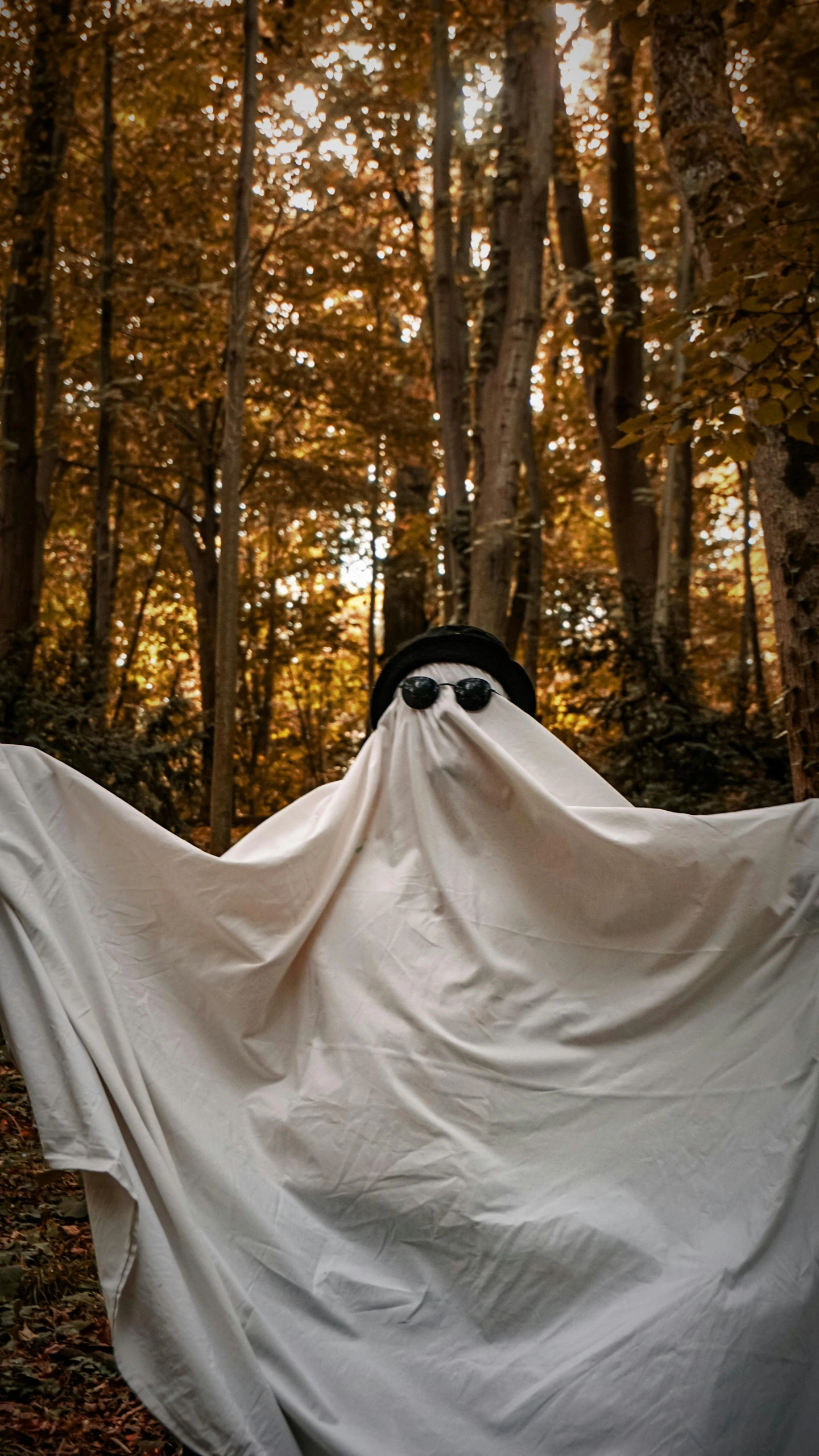 a ghostly person standing in the woods holding a white sheet