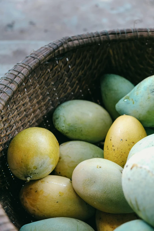 a basket filled with different types of eggs