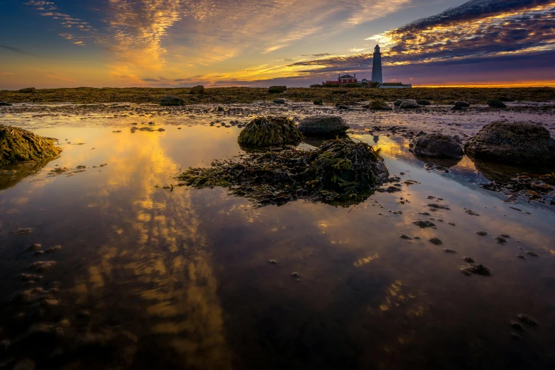 a view of the beach and lighthouse with a sun setting