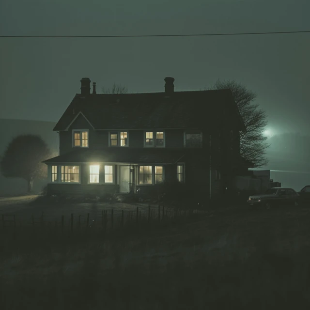 a house with a car parked outside at night