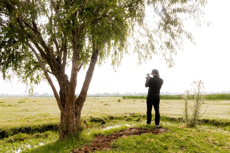 man taking pictures of grassy plain with water and tree