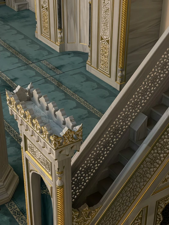 a view looking down into an ornately decorated room with tall columns and columns