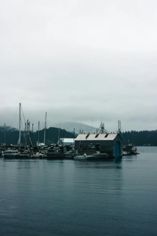 the ocean has many small boats and one building in it