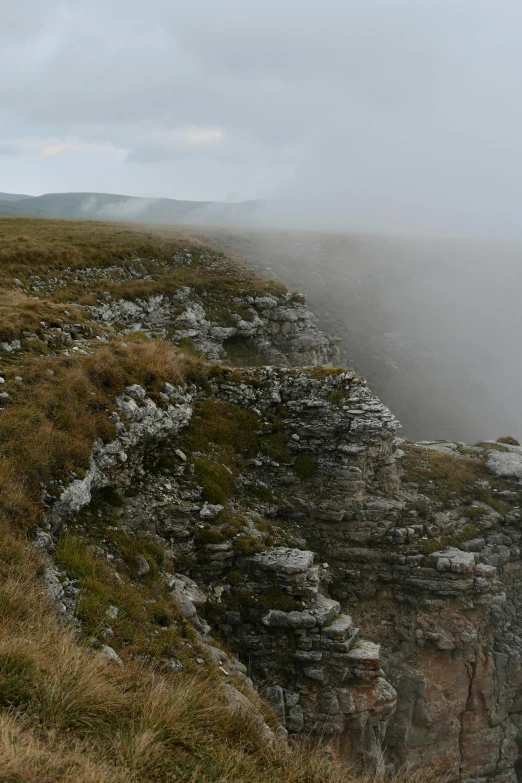 some sheep are standing on a rocky cliff