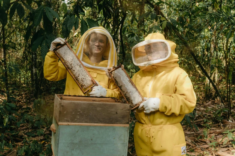 two people are holding beeshiffs in a forested area