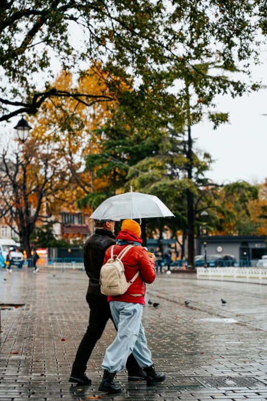 two people walking down the sidewalk, one with an umbrella