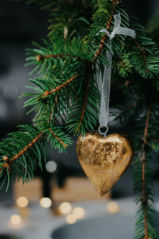 a metal heart hanging from a christmas tree