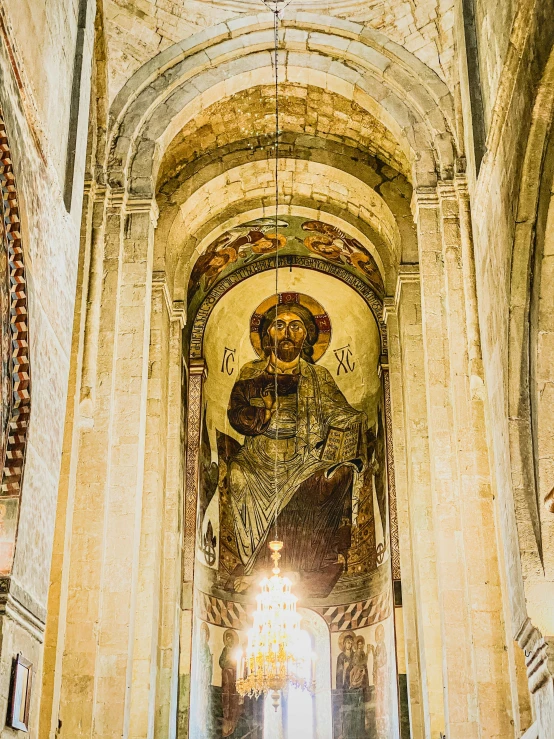 inside of a church with stained glass windows