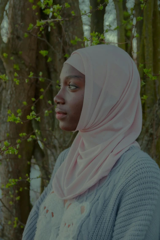 a woman wearing a hijab and scarf standing outside