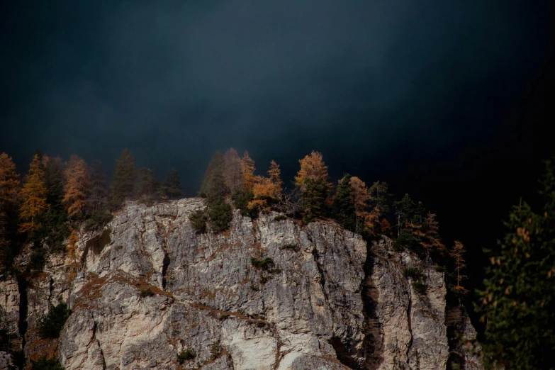 a view of trees and rocky cliff from a distance