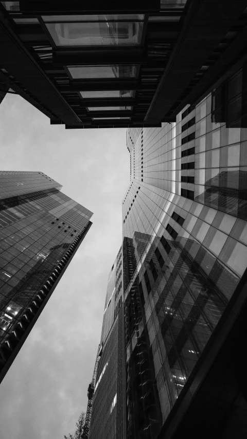 looking up at the buildings and glass windows from the ground