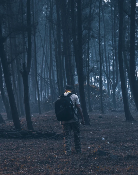 the man is walking in the woods alone