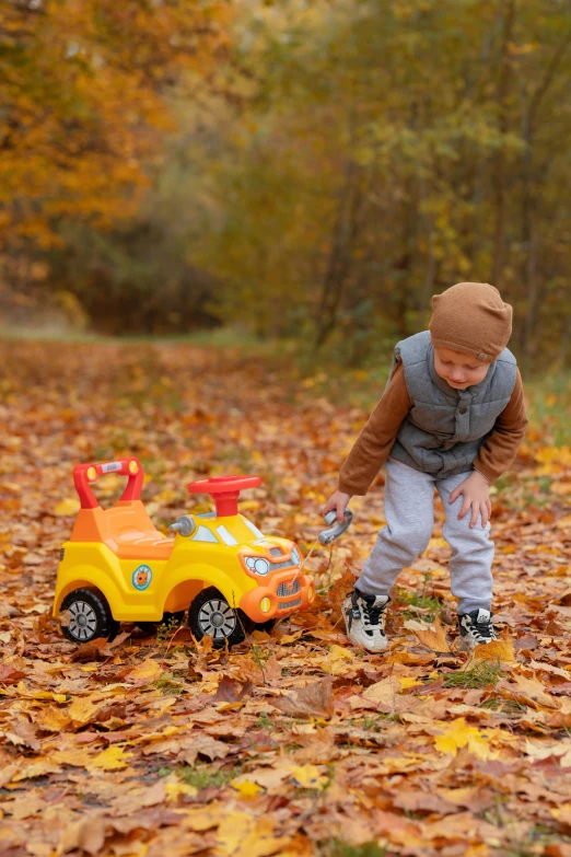 a little boy playing with toy cars in leaves