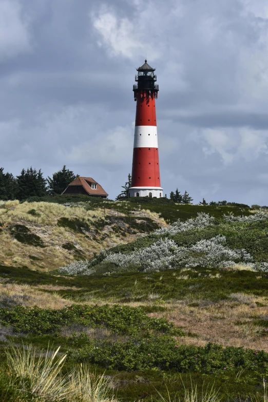 a red and white lighthouse on top of a hill