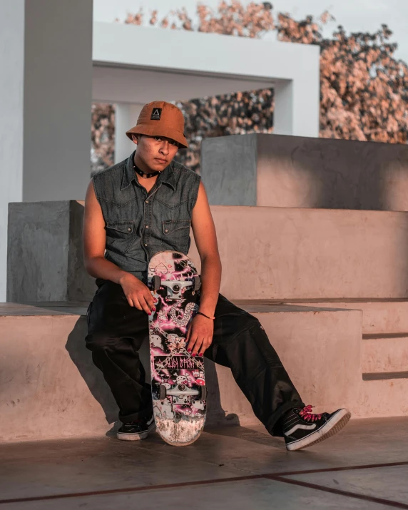 the young person has a skateboard sitting on the floor