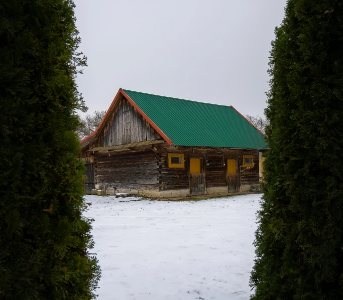 snow covered ground with trees in front of cabin