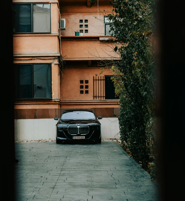 black luxury car parked near building with vertical trees