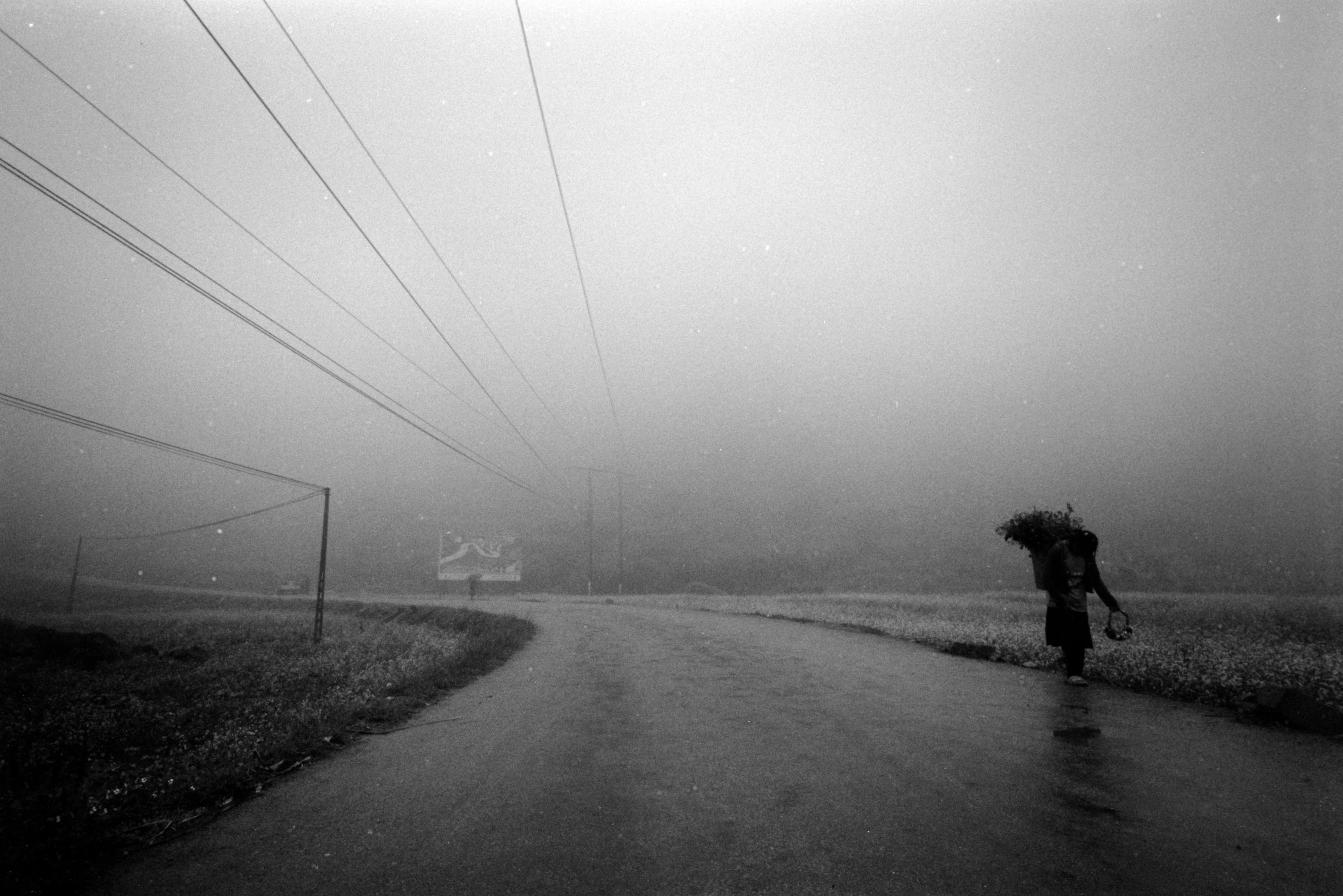 a lone person skates on a deserted street in heavy fog