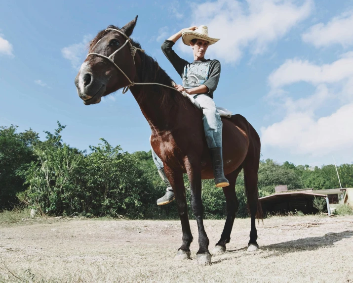 a woman in a straw hat sitting on top of a brown horse