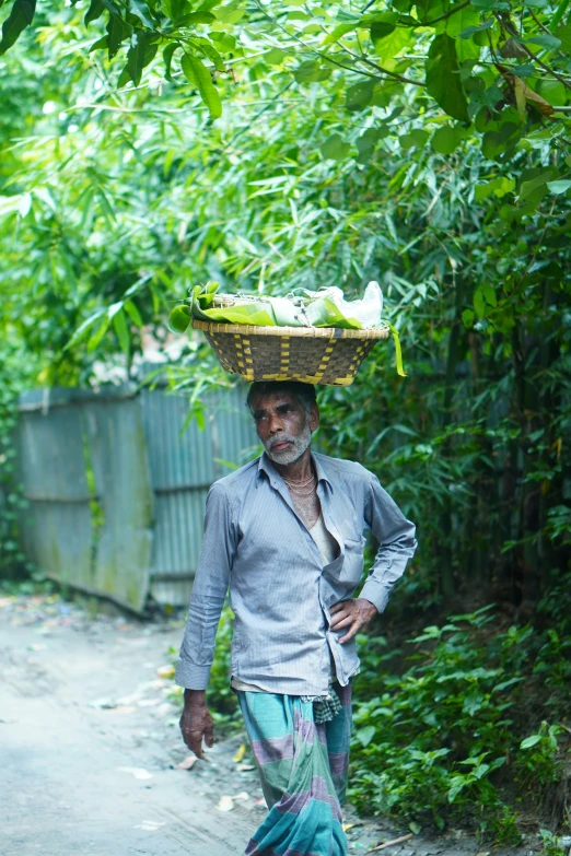 a man carrying a basket on his head