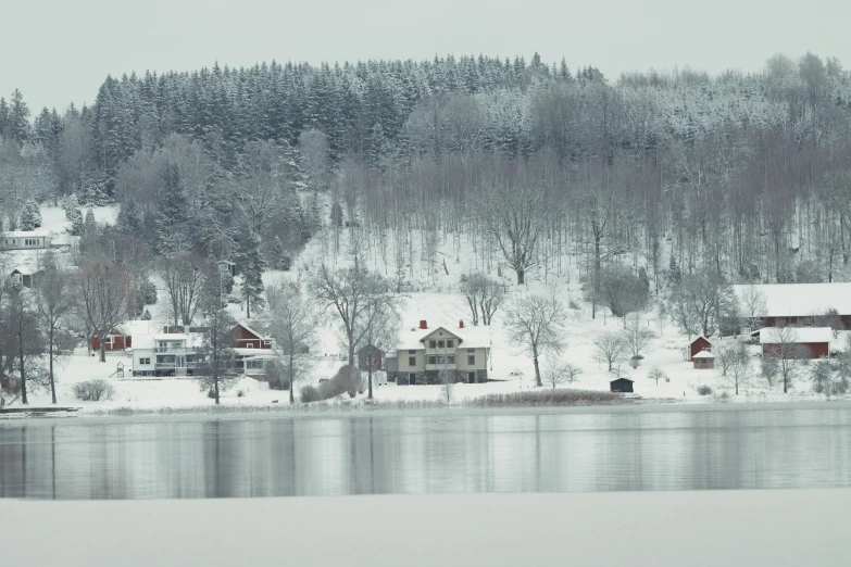 snow covered scenery with small lake, trees and cabin