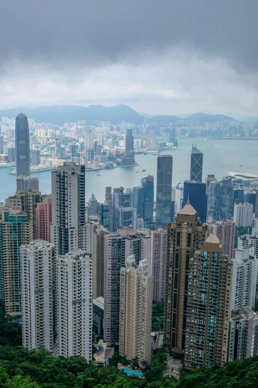 aerial view of some very tall buildings and water