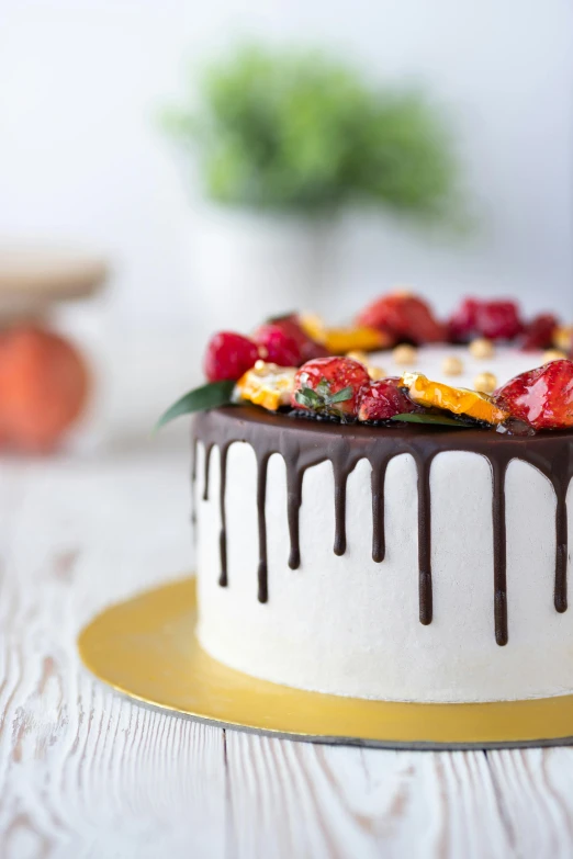 the cake is covered with chocolate, strawberries and other fruit