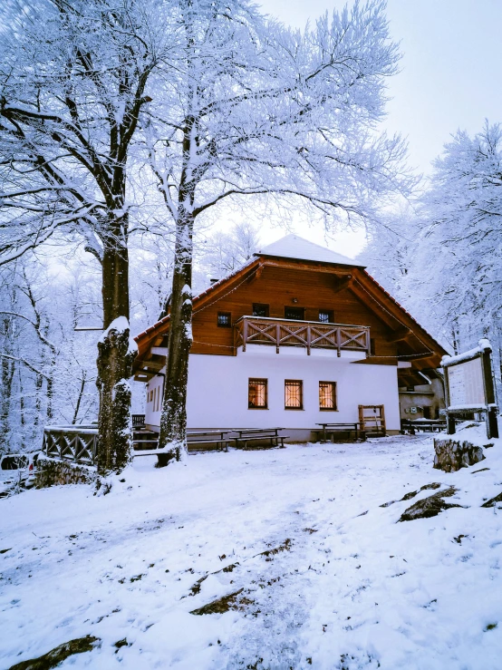 a snow covered house in the distance surrounded by trees