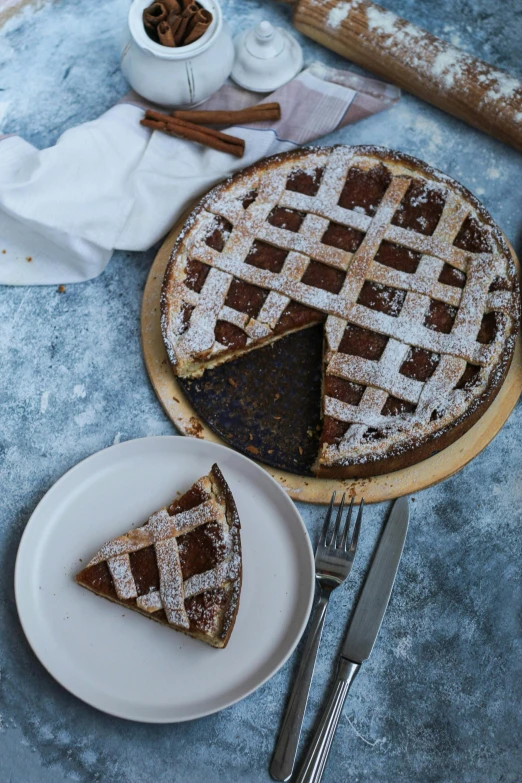 a pie sitting on top of a white plate on top of a table