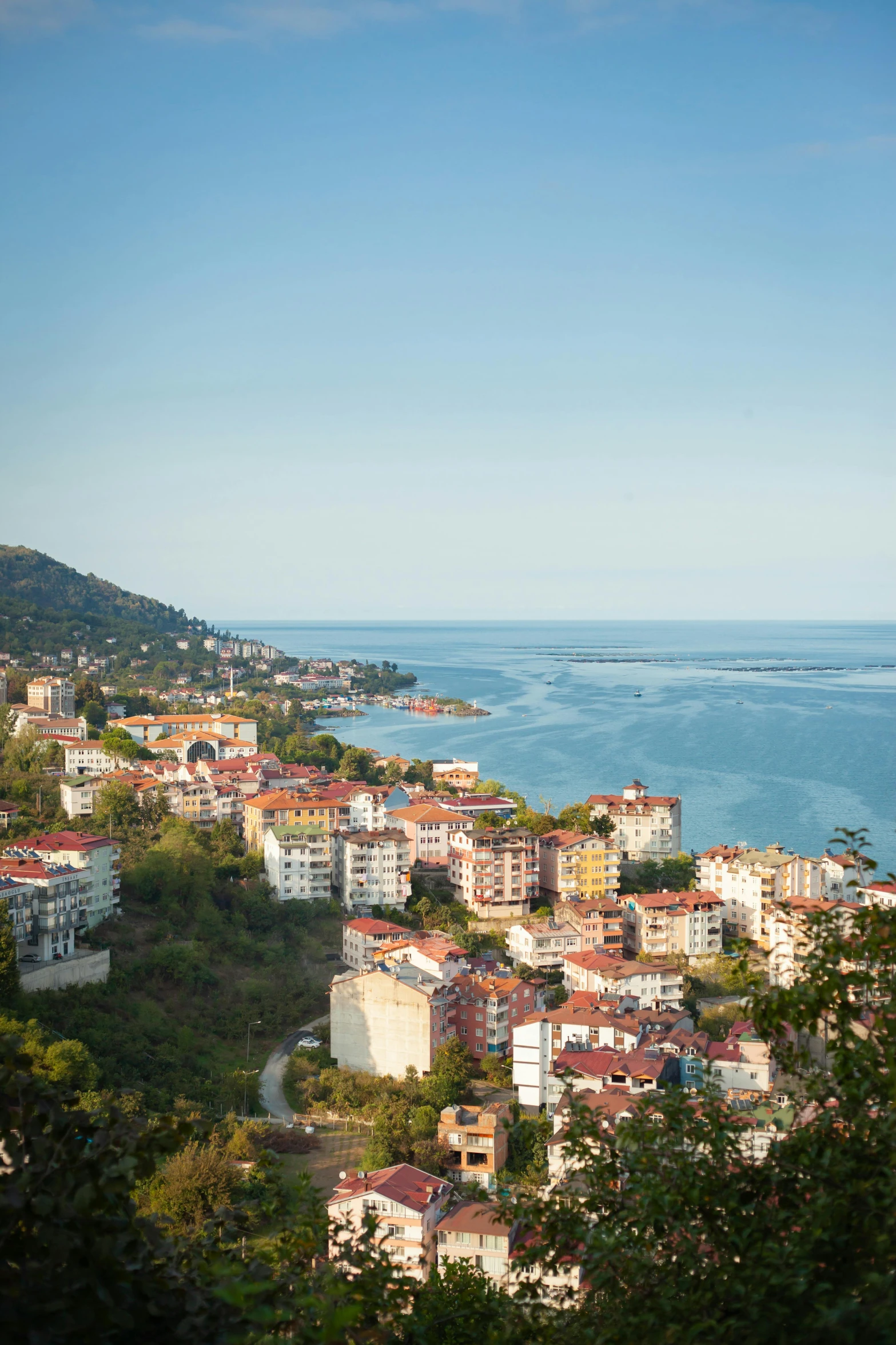 a hillside side town overlooks the ocean