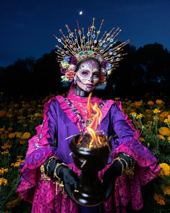 a woman with art make - up in a flowery field