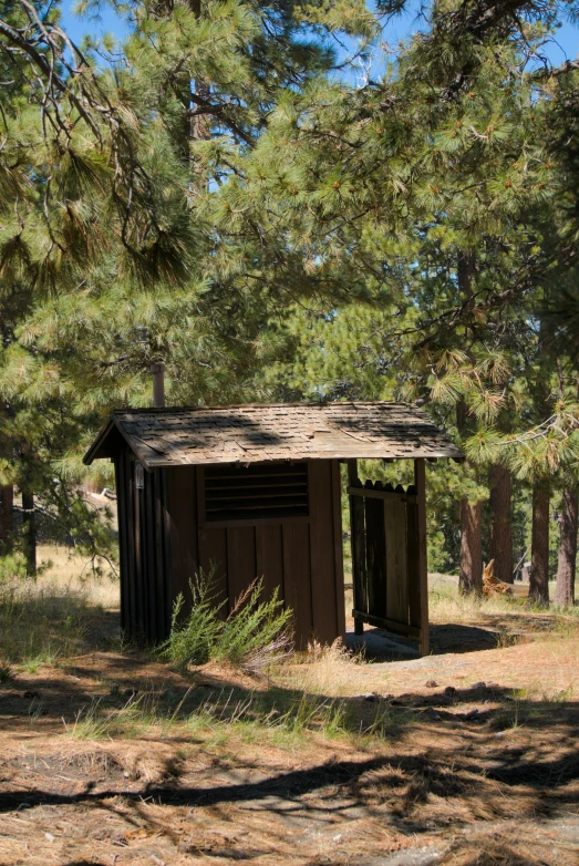 a wooden outhouse in the middle of a wooded area