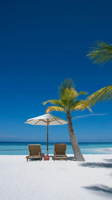 two chairs and an umbrella on the beach