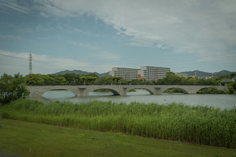 a bridge spanning over water with lush green grass