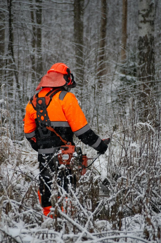 an orange jacket a tree and a man in the snow