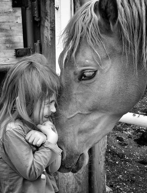 the small child is standing next to a large horse