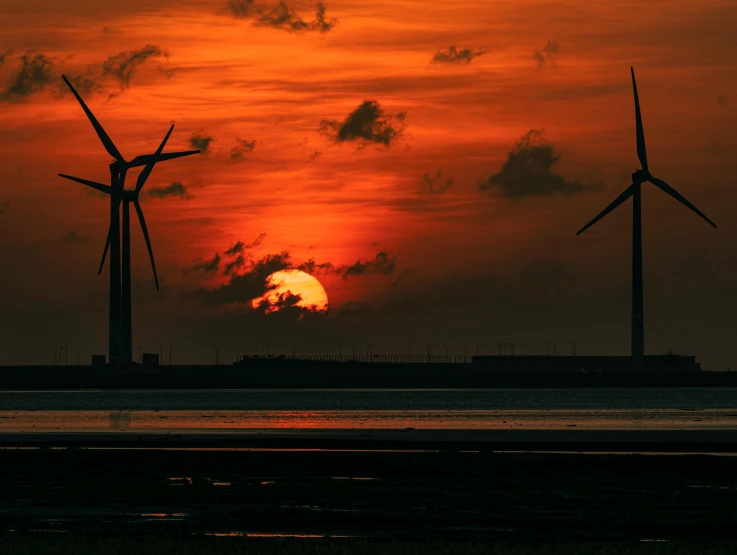 sunset and sun through wind mills in the background