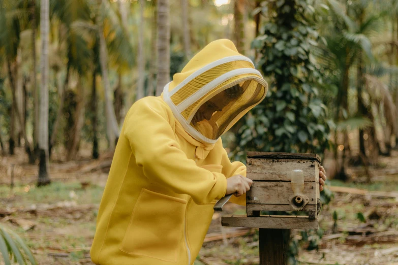 a man in a bee suit wearing a hood and holding a small machine