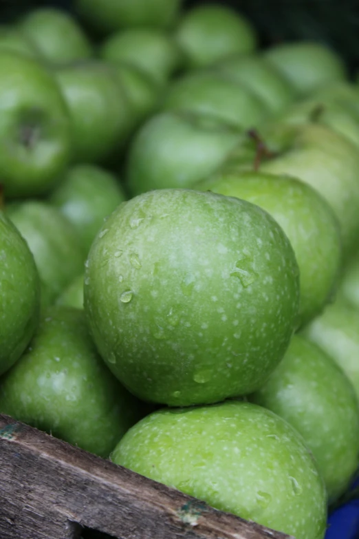 a crate full of green apples stacked on top of each other