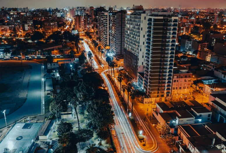 city with an ocean and beach side on a clear night