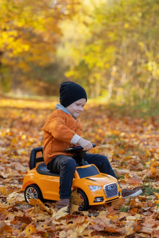 a boy is playing with a plastic toy in the leaves