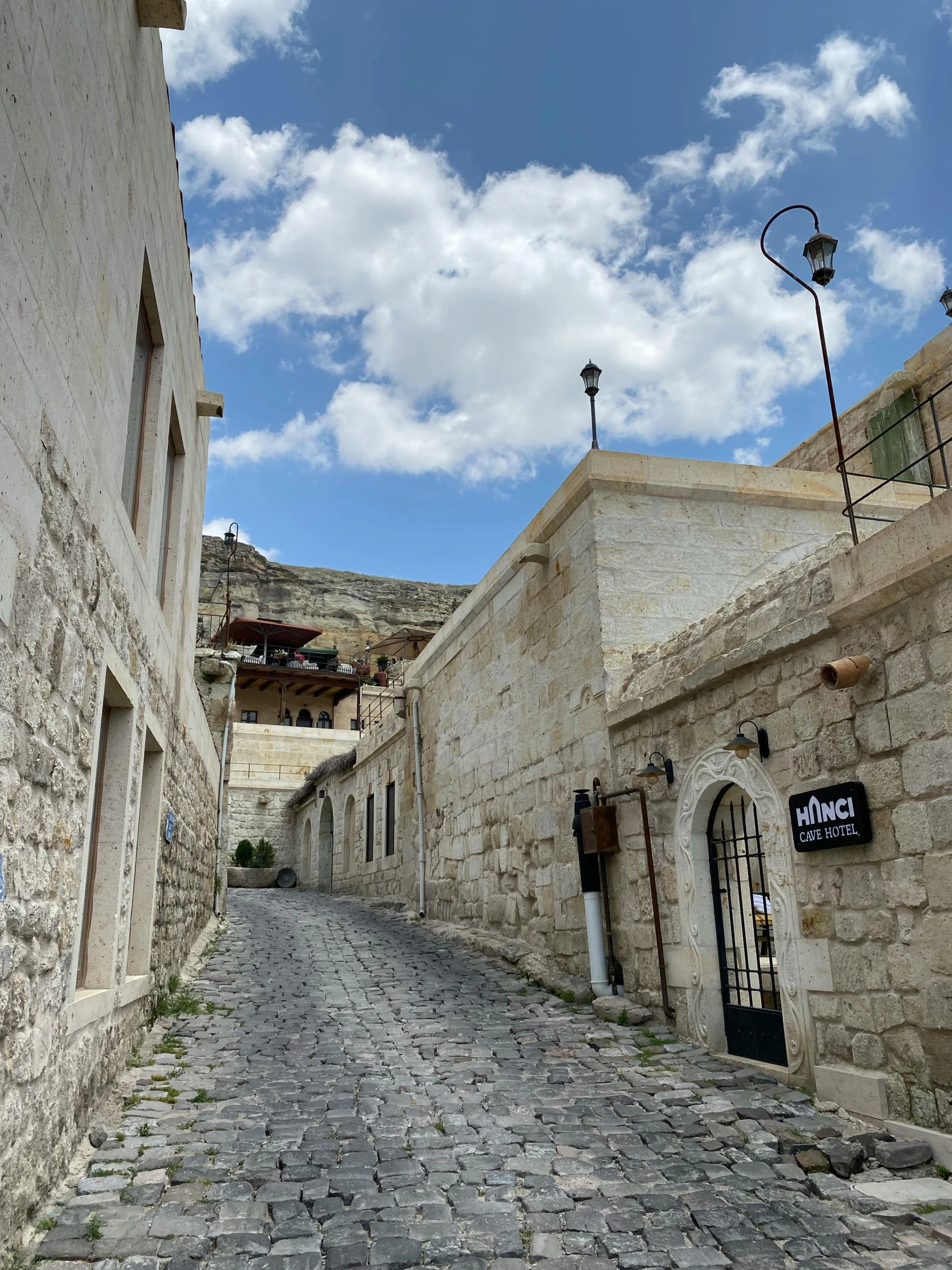 an alley is shown with cobblestones and a gated door