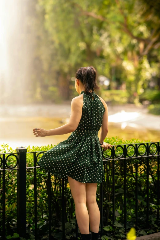 the woman is standing next to the fence looking at the waterfall