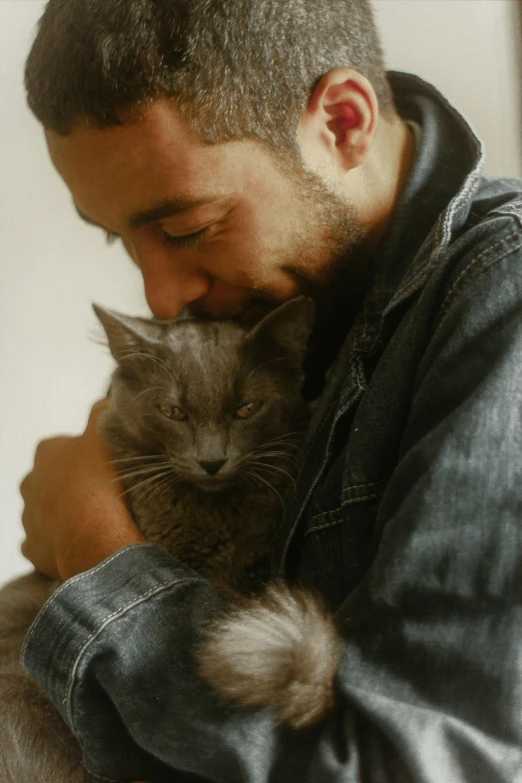 the man is holding a gray cat and looking at it