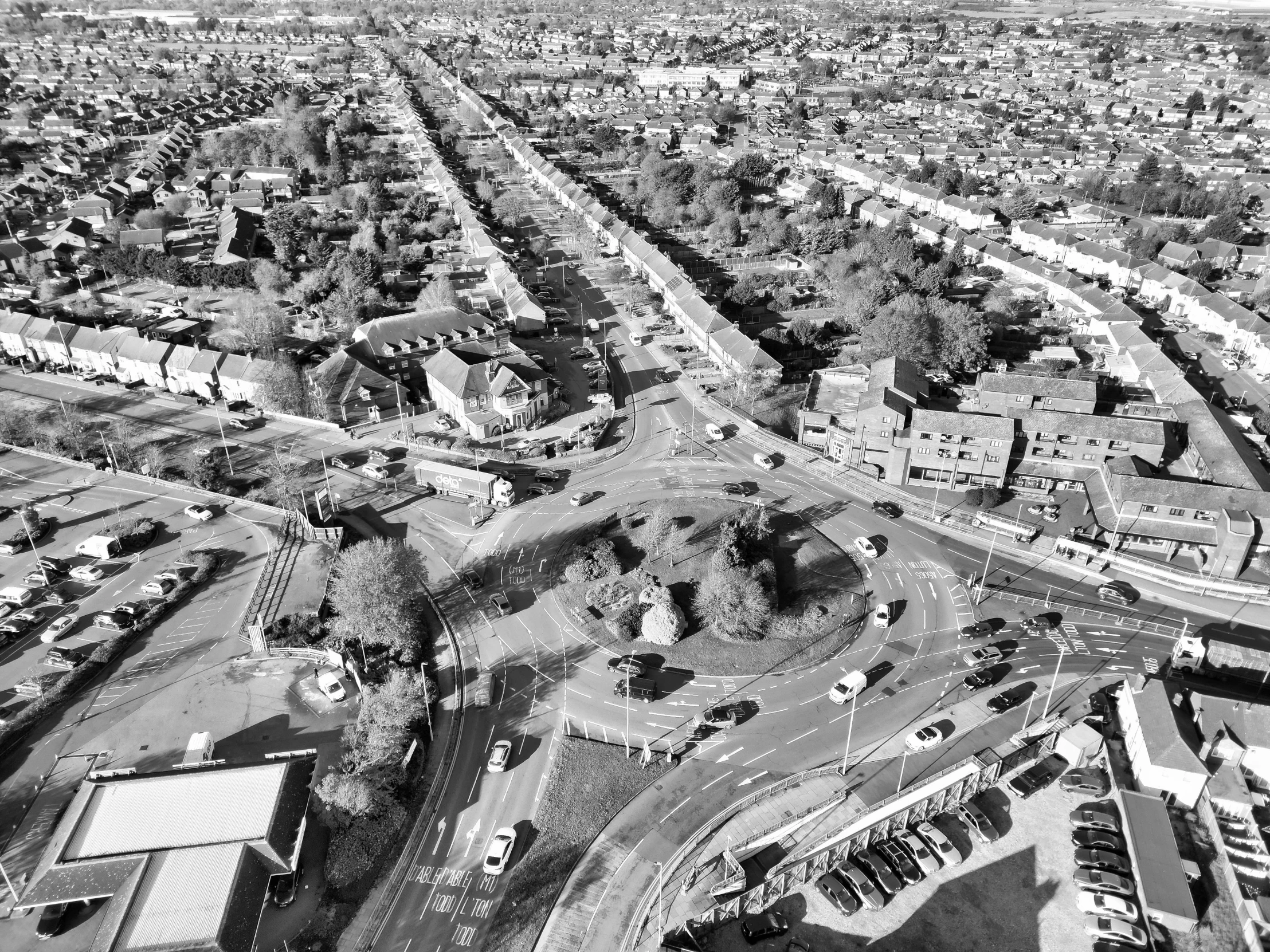 a very large highway going through an old town