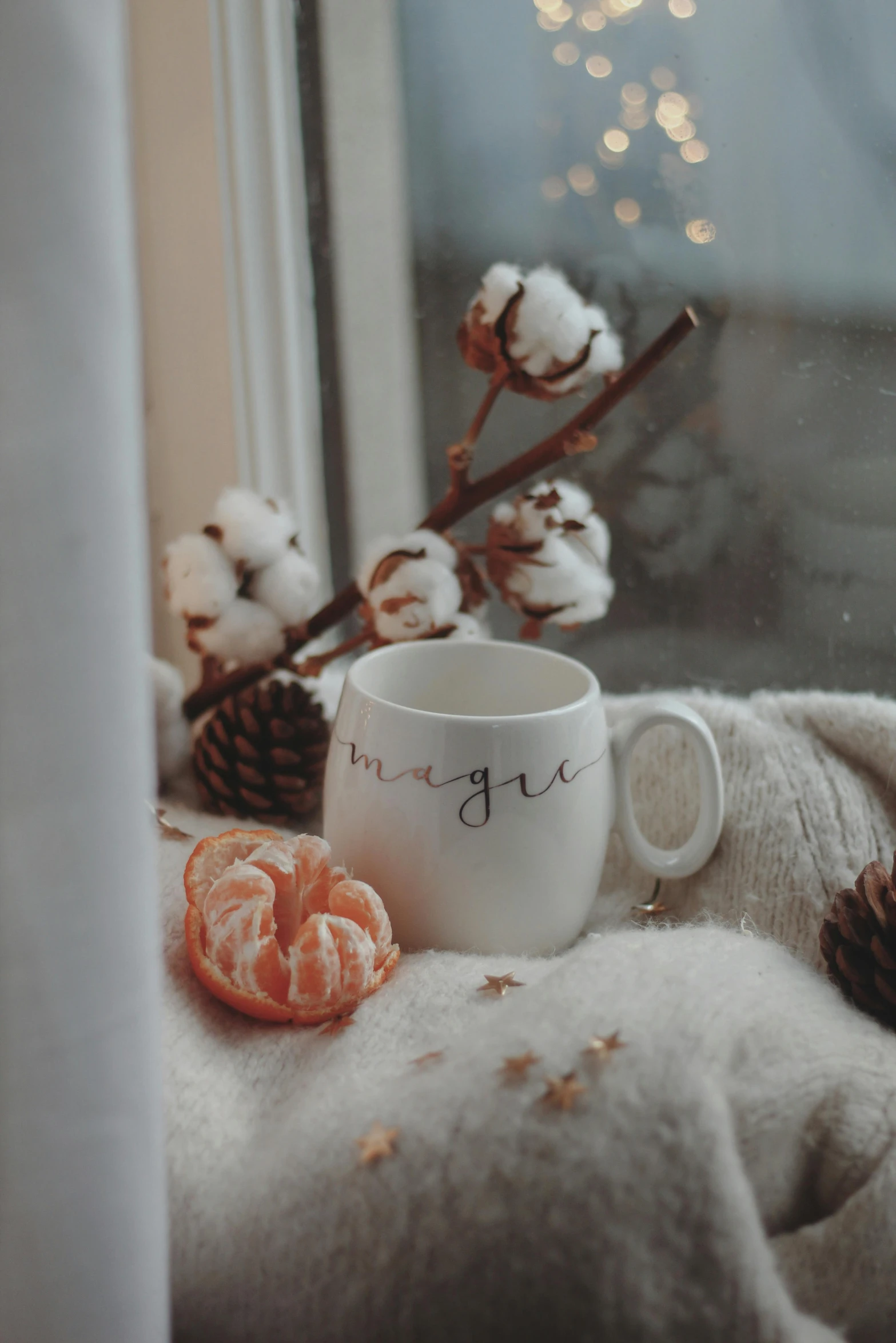 a mug and some oranges are on a windowsill