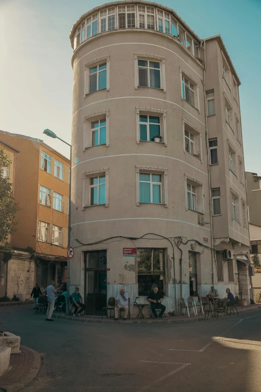 a corner of an urban street with several buildings