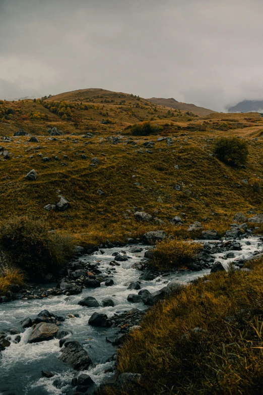 the rocky creek runs up into the grass covered landscape