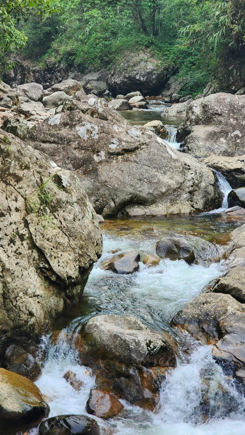 a river with some rocks and water running