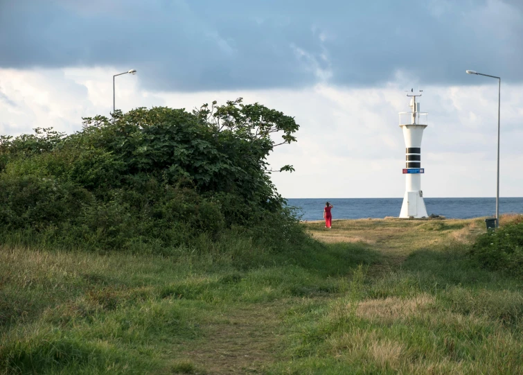 a red fire hydrant is in the middle of a field near the ocean